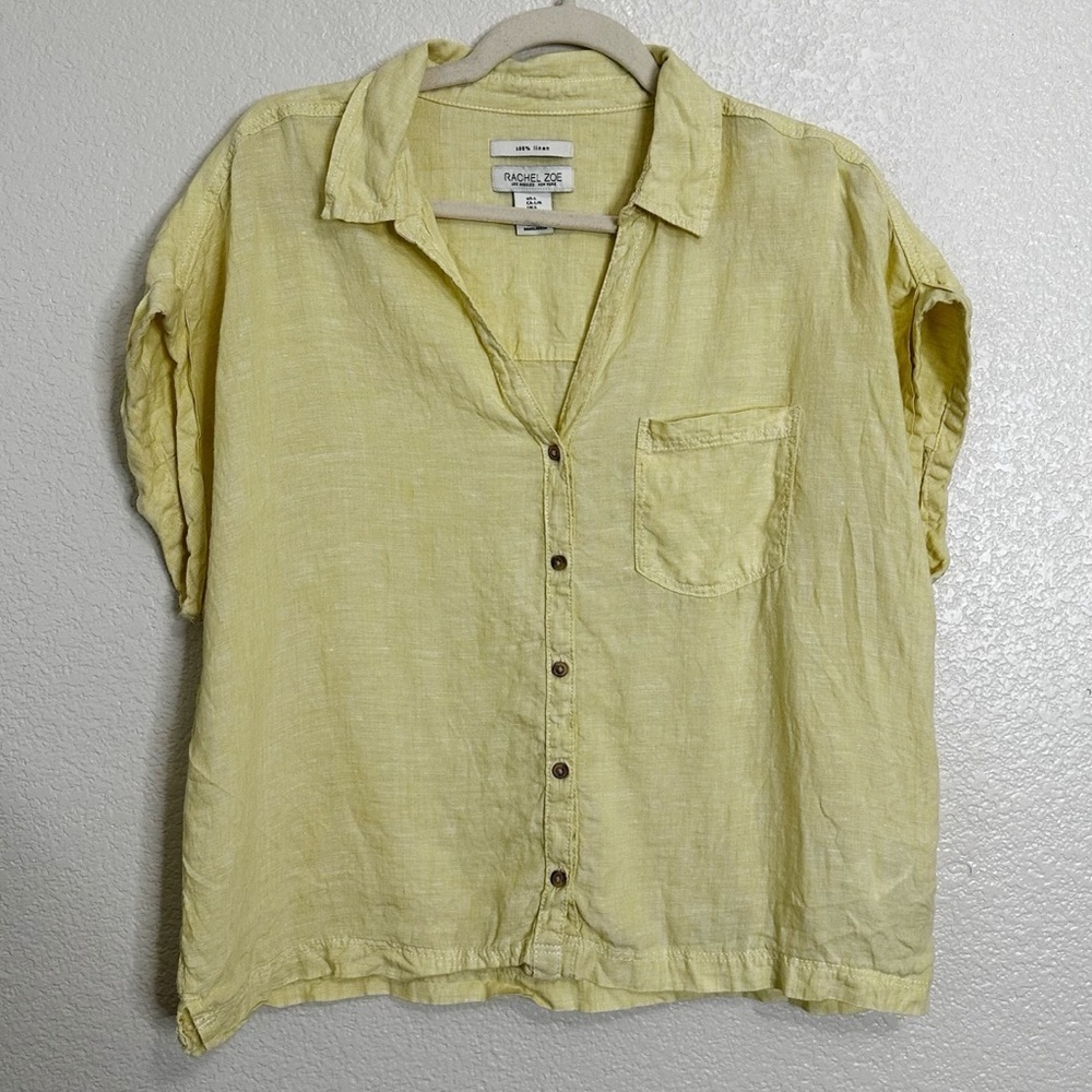 Rachel Zoe 100% Linen Yellow Button Down Shirt, Sz Large